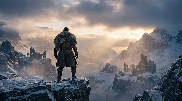 winters majesty a lone watcher in the mountains Guerrier contemplant montagnes enneigées et château en ruines.