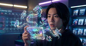 Homme observant cassette holographique futuriste, robots et dragon.