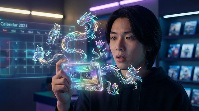 Homme observant cassette holographique futuriste, robots et dragon.