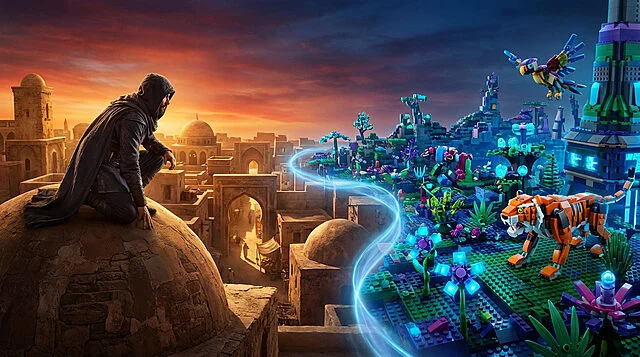 Homme mystérieux surveillant un monde fantastique en Lego.