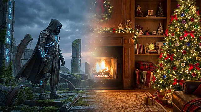 worlds collide rpg realm meets holiday hearth Guerrier mystique devant décor de Noël chaleureux.