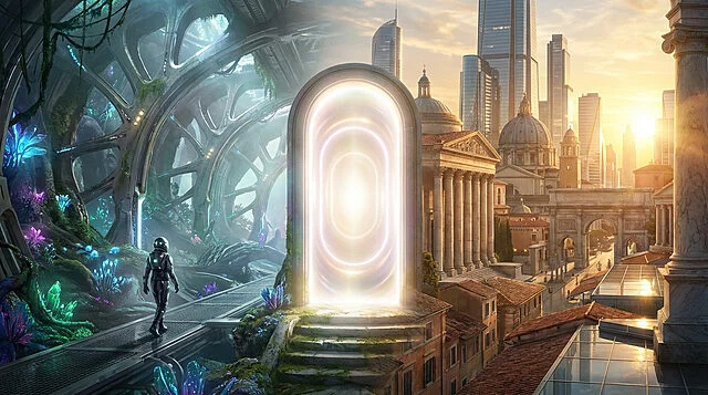 worlds converge gateway to discovery Portail entre monde futuriste et Rome antique.