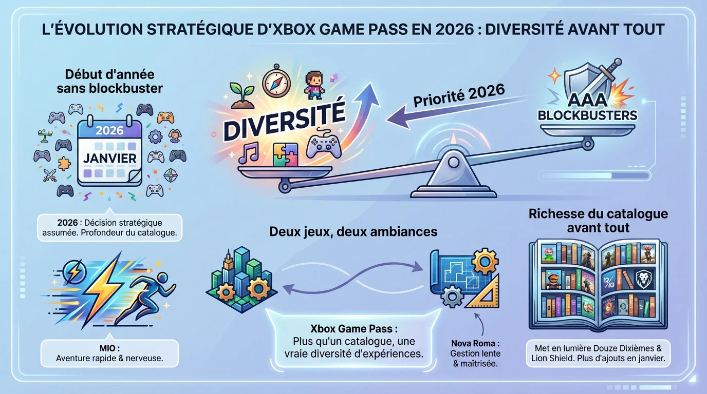MIO Memories in Orbit et Nova Roma illustrant la diversité du Xbox Game Pass en janvier 2026