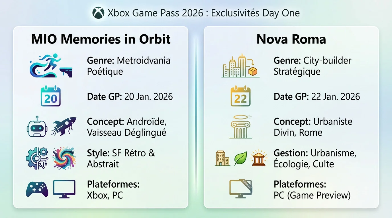 Affiche promotionnelle des jeux MIO Memories in Orbit et Nova Roma arrivant sur le Xbox Game Pass en janvier 2026