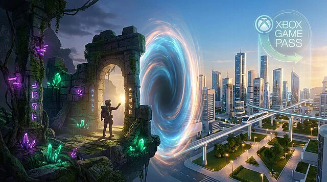 Portail lumineux entre ruines et ville moderne, Xbox Game Pass.