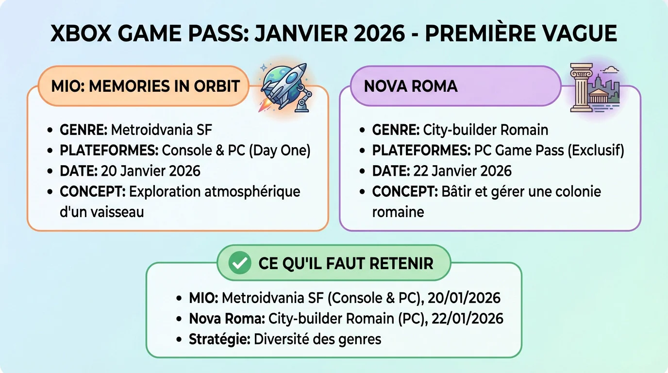 Aperçu des jeux MIO et Nova Roma pour le Xbox Game Pass de janvier 2026