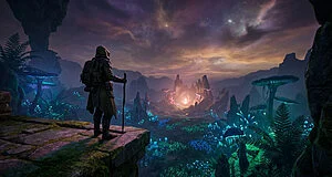 A hooded figure stands on a mossy cliff, gazing at a vast alien landscape filled with glowing blue and green flora and a distant luminous structure under a purple-orange twilight sky.