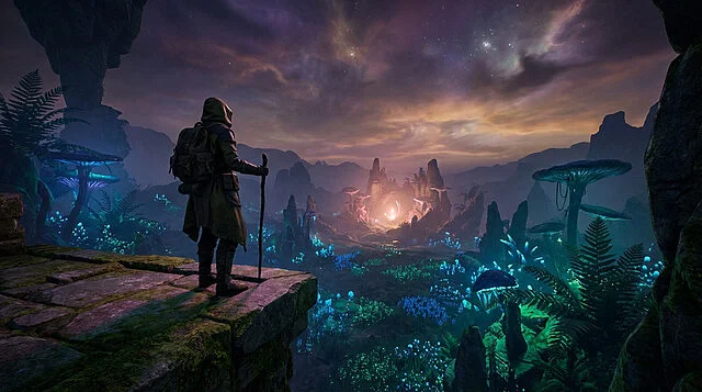 Adventurer's Gaze: Alien Horizon A hooded figure stands on a mossy cliff, gazing at a vast alien landscape filled with glowing blue and green flora and a distant luminous structure under a purple-orange twilight sky.