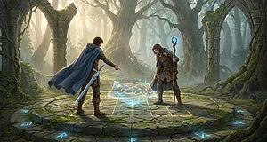 Two fantasy adventurers, one with a sword and blue cloak, the other with a glowing staff, examine a magical map projection on a mossy stone grid in an ancient forest ruin. Glowing runes surround them.