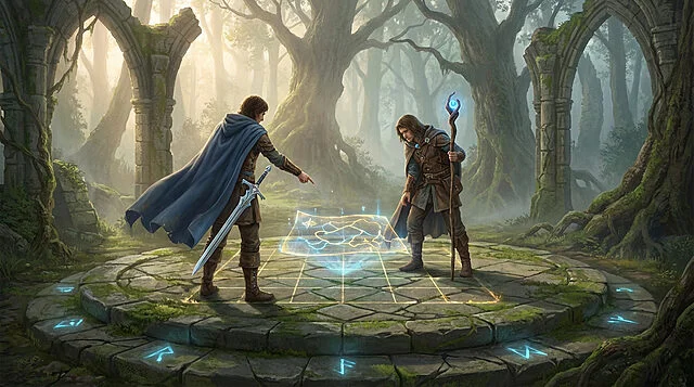 Two fantasy adventurers, one with a sword and blue cloak, the other with a glowing staff, examine a magical map projection on a mossy stone grid in an ancient forest ruin. Glowing runes surround them.