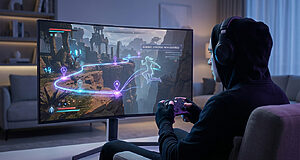 Gamer engrossed in a video game with AI assistance. A glowing blue/violet path and ghost figure guide strategy on screen.