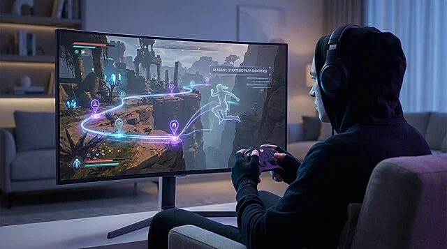 AI-Assisted Gaming: Strategic Path Identified Gamer engrossed in a video game with AI assistance. A glowing blue/violet path and ghost figure guide strategy on screen.