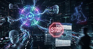 A wide-angle, futuristic digital concept art showing a glowing AI core with pixelated data streams forming faceless masks. A red 'STOP' sign overlays a fractured social media interface. A faint UK map glows in the background.
