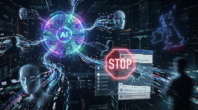 AI Threat: Digital Manipulation & UK Cyber Control A wide-angle, futuristic digital concept art showing a glowing AI core with pixelated data streams forming faceless masks. A red 'STOP' sign overlays a fractured social media interface. A faint UK map glows in the background.