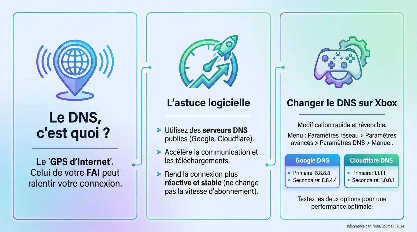 Interface des paramètres réseau Xbox pour modifier le DNS et booster la connexion