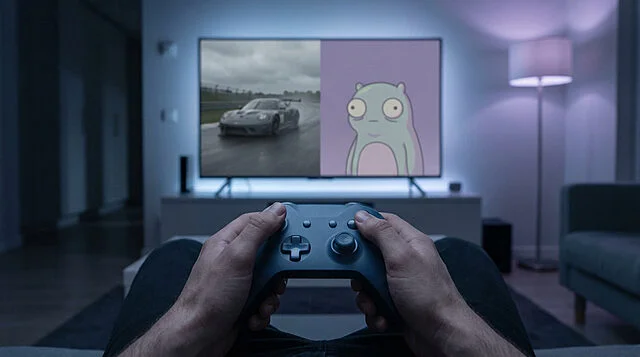 Hands gently hold gray game controller. TV shows split screen: racing car, faded cartoon. Dim, cool-toned room, quiet disappointment.