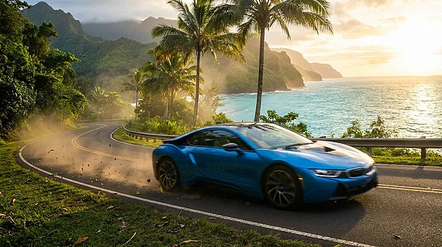 azure speed tropical coastal road thrill Voiture bleue sur route côtière au coucher de soleil.