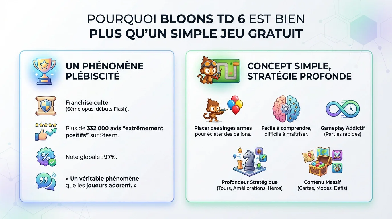 Aperçu coloré du gameplay stratégique de Bloons TD 6 avec des singes et des ballons