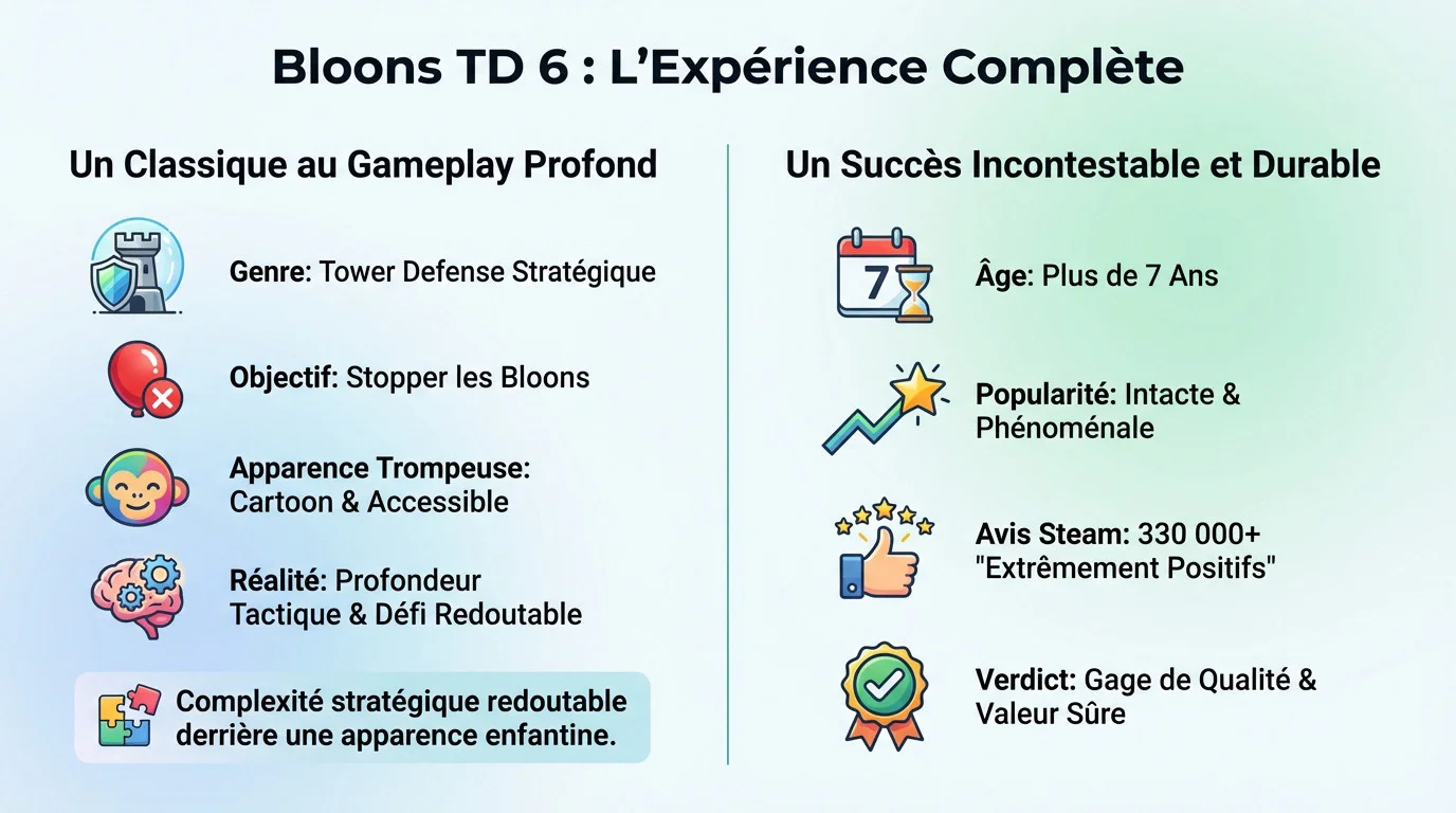Aperçu du gameplay stratégique de Bloons TD 6 avec des singes défendant le parcours contre des ballons