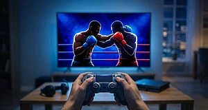 A person's hands hold a game controller, glowing from a TV screen displaying two stylized boxers in a blue ring, hinting at a new game.