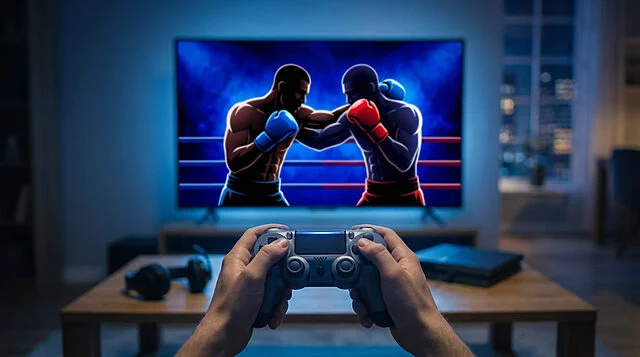 Boxing Game Reveal on TV Screen A person's hands hold a game controller, glowing from a TV screen displaying two stylized boxers in a blue ring, hinting at a new game.