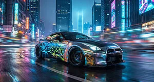 Photorealistic sports car with graffiti speeding through a vibrant, neon-lit, rain-slicked urban cityscape at night, showing motion blur.