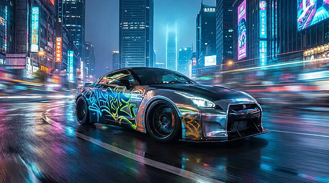 Cinematic Neon Speedster: Need For Speed Vibe Photorealistic sports car with graffiti speeding through a vibrant, neon-lit, rain-slicked urban cityscape at night, showing motion blur.