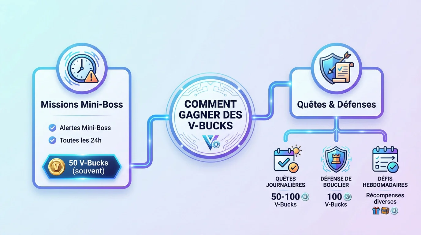 Guide illustré montrant les récompenses de mission Fortnite Sauver le Monde