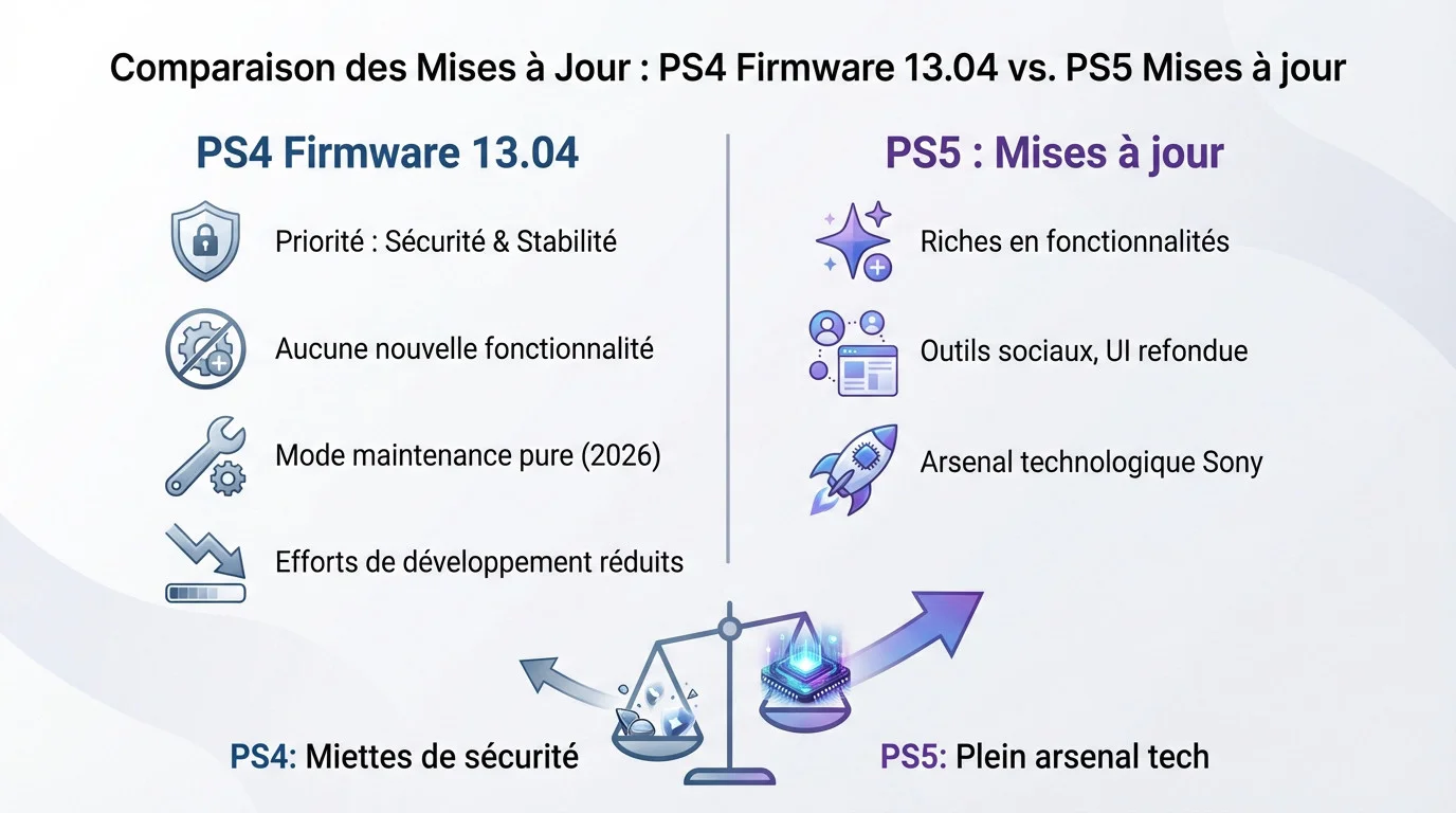 Comparaison visuelle entre le patch note minimaliste du firmware 13.04 de la PS4 et les fonctionnalités riches de la PS5