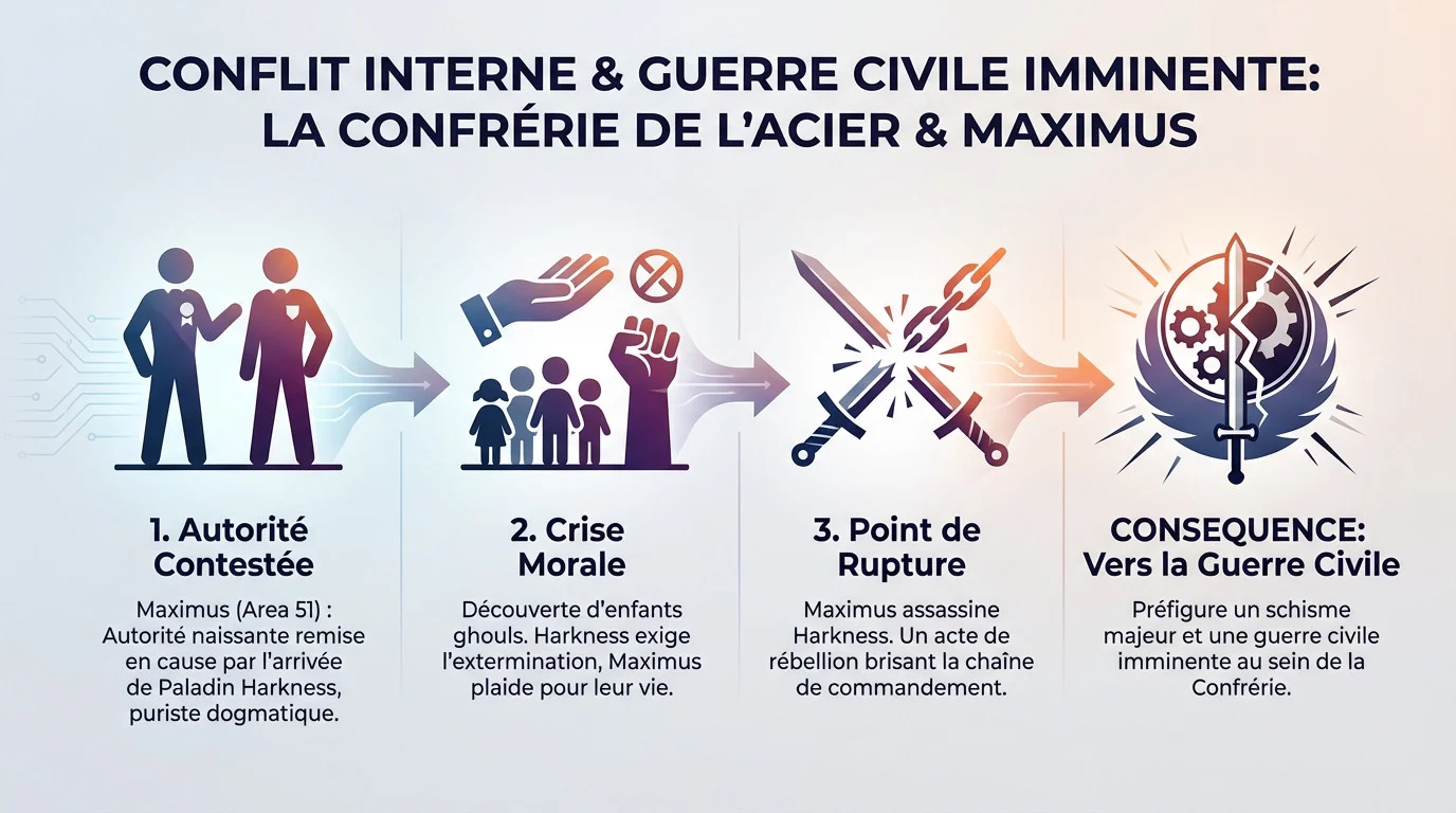 Conflit interne intense entre Maximus et la Confrérie de l'Acier au bord de la rupture