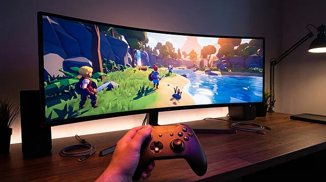 Contemporary Gaming with Retro Soul Hand holding gamepad, playing vibrant PS2-inspired 3D game on a curved monitor in a modern, minimalist setup.