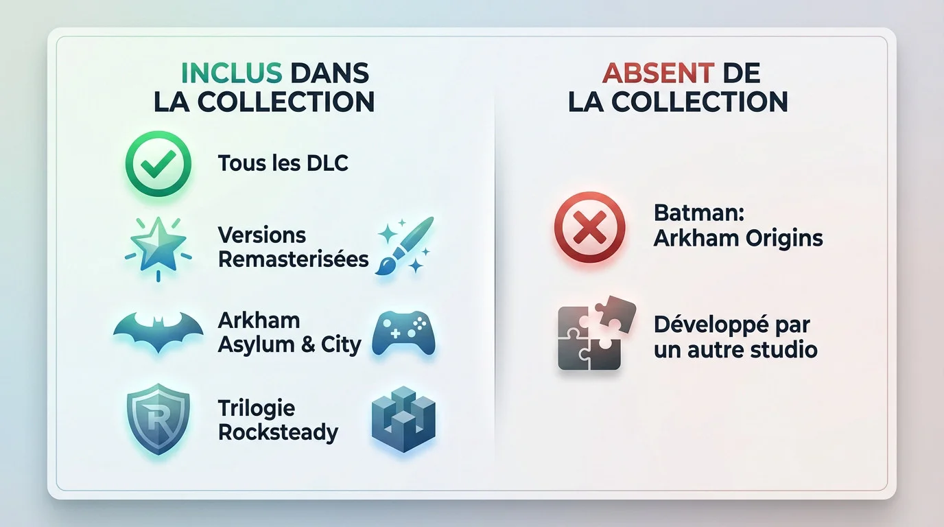 Visuel promotionnel montrant le contenu complet de la Batman Arkham Collection