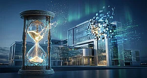 Photorealistic image of a cracking, glowing hourglass with golden sand, dissolving into digital particles next to a corporate building fragmenting into light.