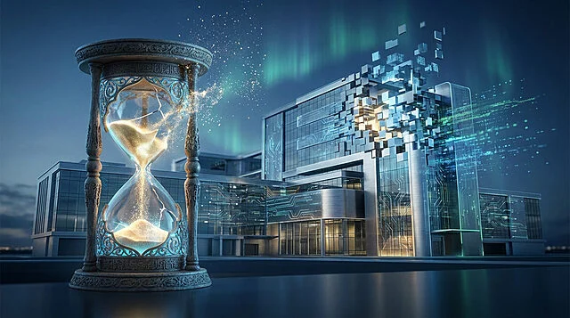 Photorealistic image of a cracking, glowing hourglass with golden sand, dissolving into digital particles next to a corporate building fragmenting into light.