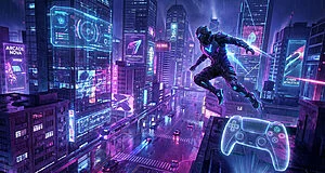 A figure in glowing tech-armor leaps over a vibrant, neon-lit cyberpunk city at night, with a floating game controller in the foreground.