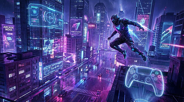 Cyberpunk Leap: Gaming in the Neon City A figure in glowing tech-armor leaps over a vibrant, neon-lit cyberpunk city at night, with a floating game controller in the foreground.