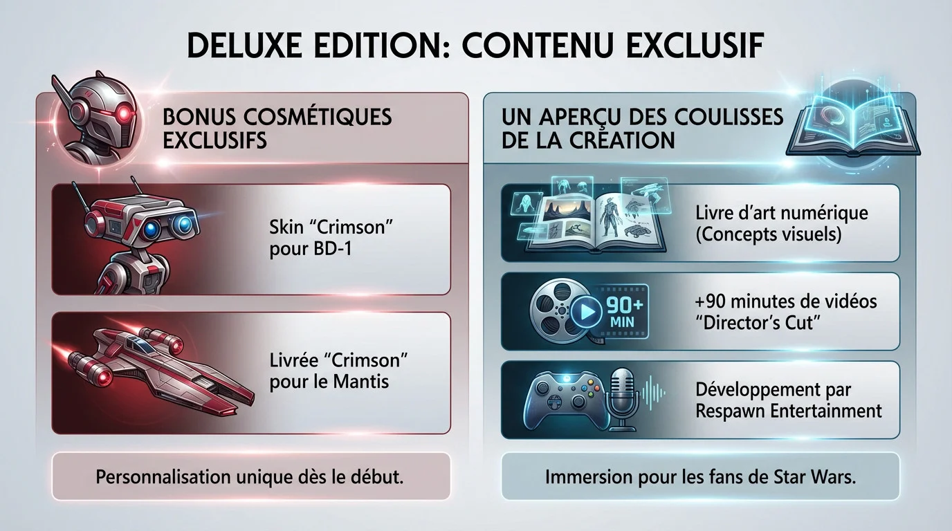 Contenu exclusif de l'édition Deluxe de Star Wars Jedi Fallen Order incluant les skins Crimson et l'artbook numérique