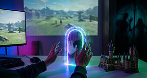 Mãos alcançando um portal digital luminoso em um setup de PC gamer. Cenários de jogo diversos e figuras de horror ao fundo.