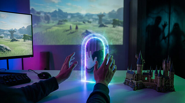 Mãos alcançando um portal digital luminoso em um setup de PC gamer. Cenários de jogo diversos e figuras de horror ao fundo.