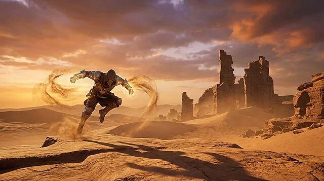 desert masters leap sand power at sunset ruins Guerrier en armure sautant dans le désert fantastique.