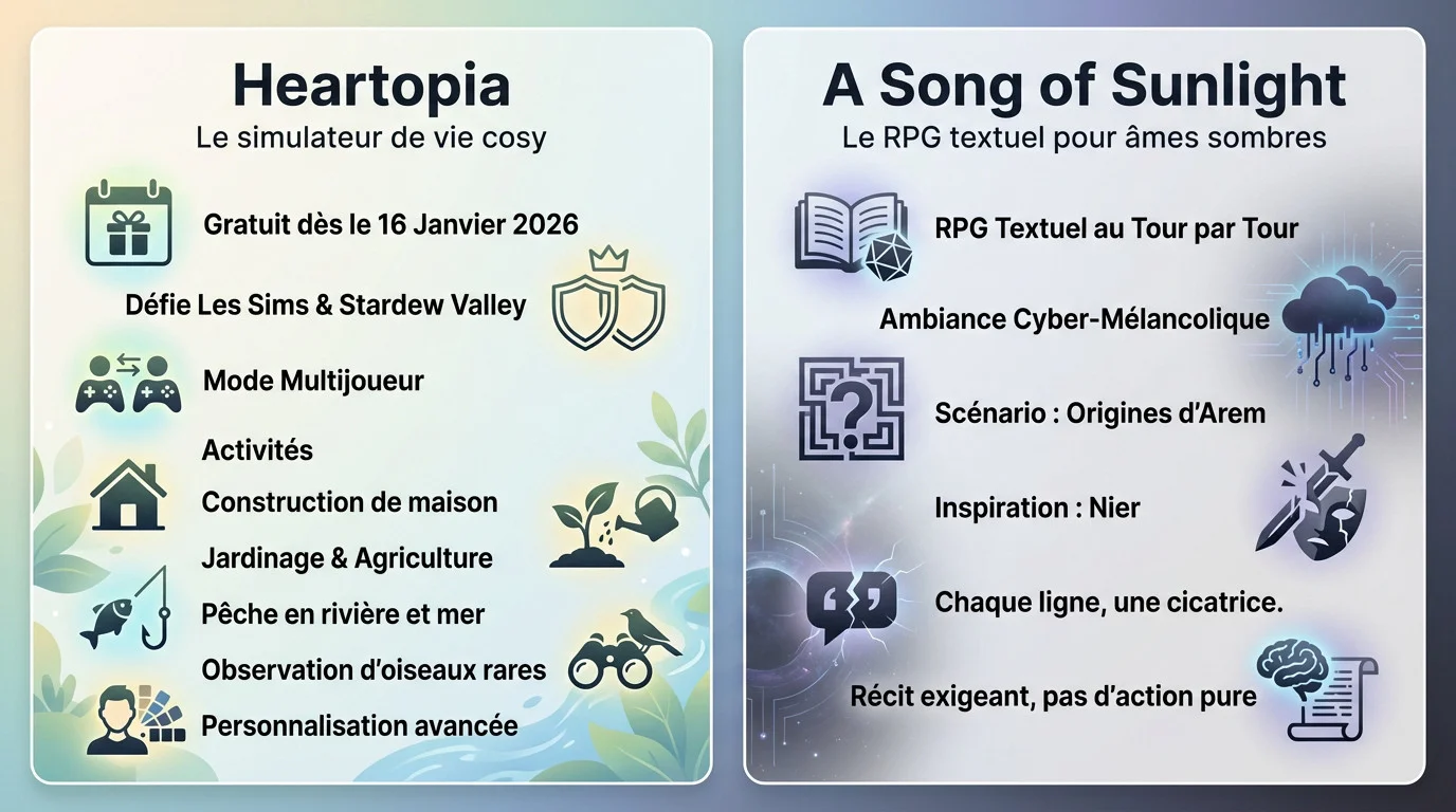 Aperçu des jeux gratuits Heartopia et A Song of Sunlight sur Steam