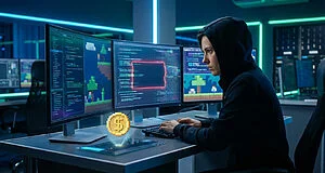 Young adult in hoodie analyzes code and game graphics on multiple screens in a futuristic lab. A red outline highlights a bug, while a holographic gold coin signifies a reward.