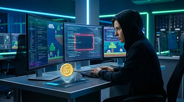 Digital Bounty Hunter: Securing Code in a Futuristic Lab Young adult in hoodie analyzes code and game graphics on multiple screens in a futuristic lab. A red outline highlights a bug, while a holographic gold coin signifies a reward.