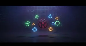 Eight glowing geometric shapes (green, blue, orange) drift around a dark crimson emblem in a digital void with subtle grid lines.