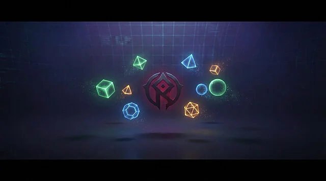 Digital Core: Fading Icons of Play Eight glowing geometric shapes (green, blue, orange) drift around a dark crimson emblem in a digital void with subtle grid lines.
