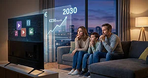 Family watching smart TV with holographic financial graph showing €230/month and 2030, reflecting concern.