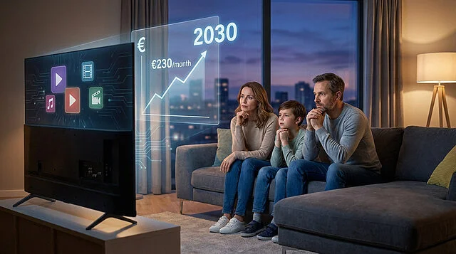 Digital Costs, Real Concerns Family watching smart TV with holographic financial graph showing €230/month and 2030, reflecting concern.