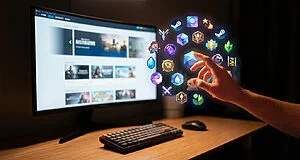 A hand reaches for a glowing cluster of diverse indie game icons floating digitally. A blurred monitor displays a generic game storefront.