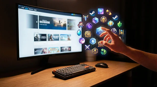 Digital Discovery: Hand Reaching for Glowing Indie Games A hand reaches for a glowing cluster of diverse indie game icons floating digitally. A blurred monitor displays a generic game storefront.