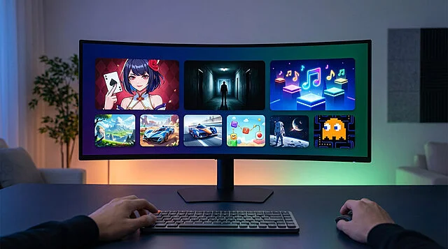 digital discovery modern gaming setup Écran incurvé affichant divers jeux vidéo colorés.